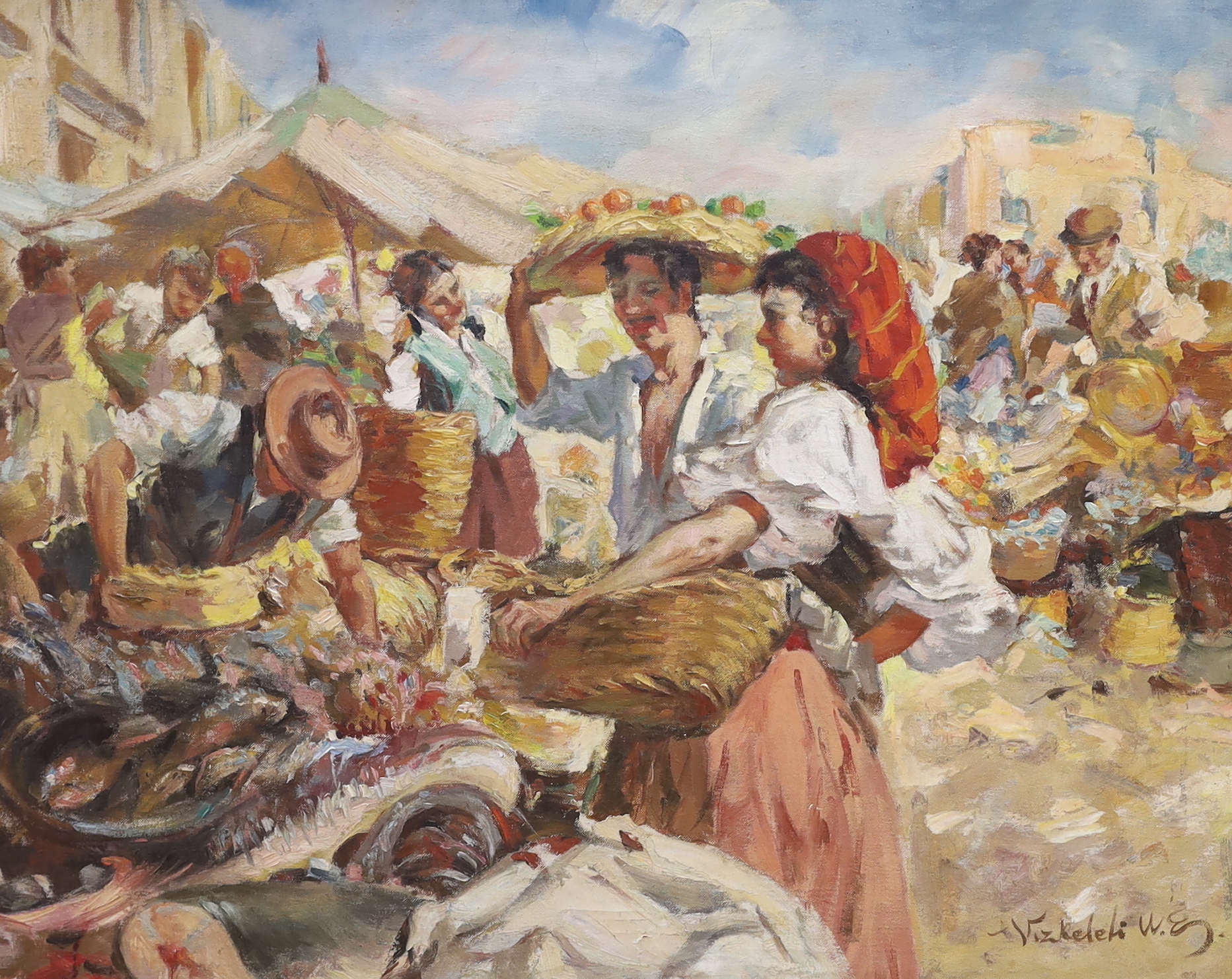 Witman Etelka Vizkeleti (Hungarian, 1882-1962), oil on canvas, Market scene, signed, 59 x 75cm
